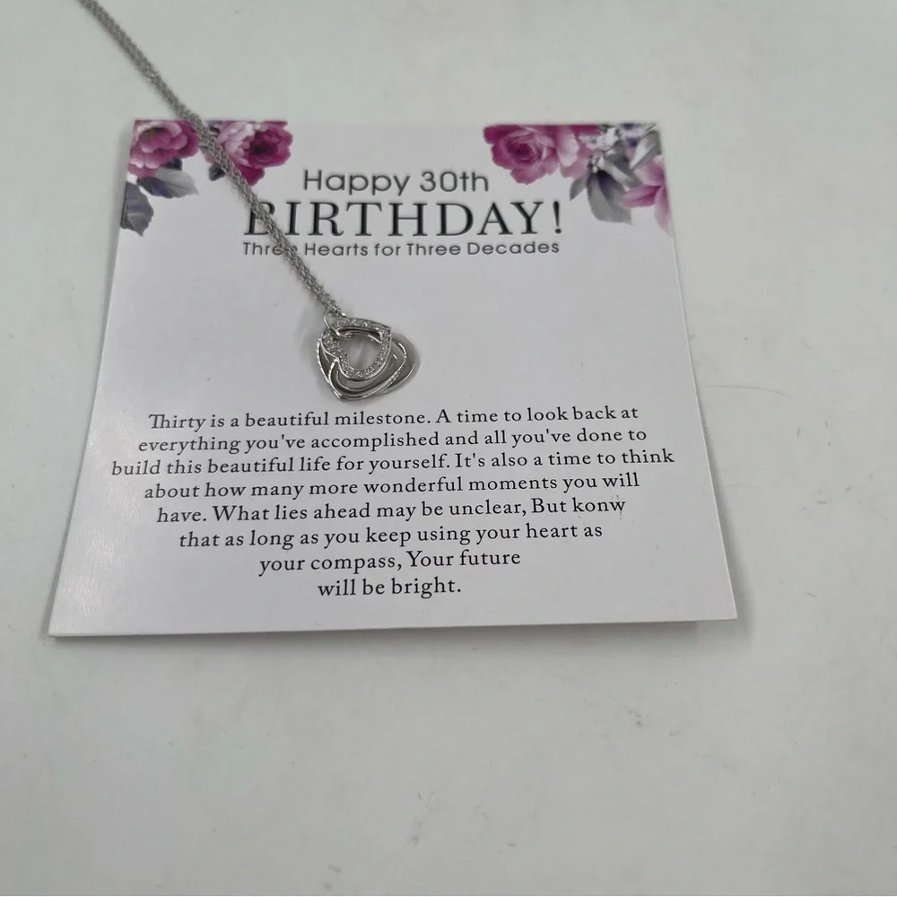 18” 925 Sterling Silver Triple Heart Silver-Tone 30th Birthday Pendant Necklace